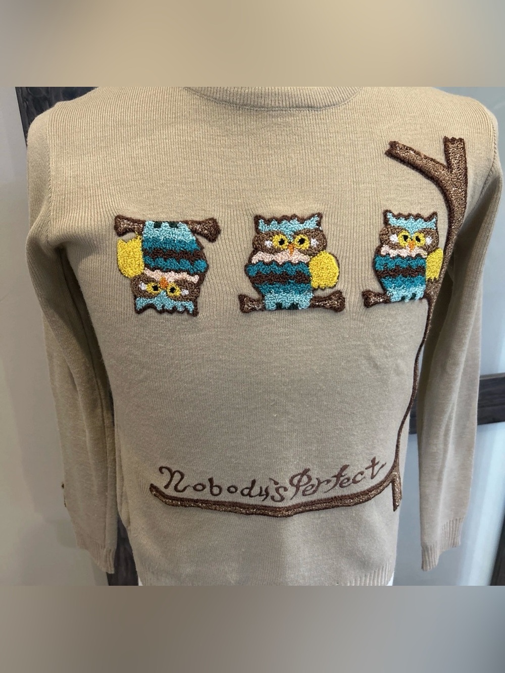Vintage Shirlee Designs Owls Nobodys Perfect Sweater Small🦉